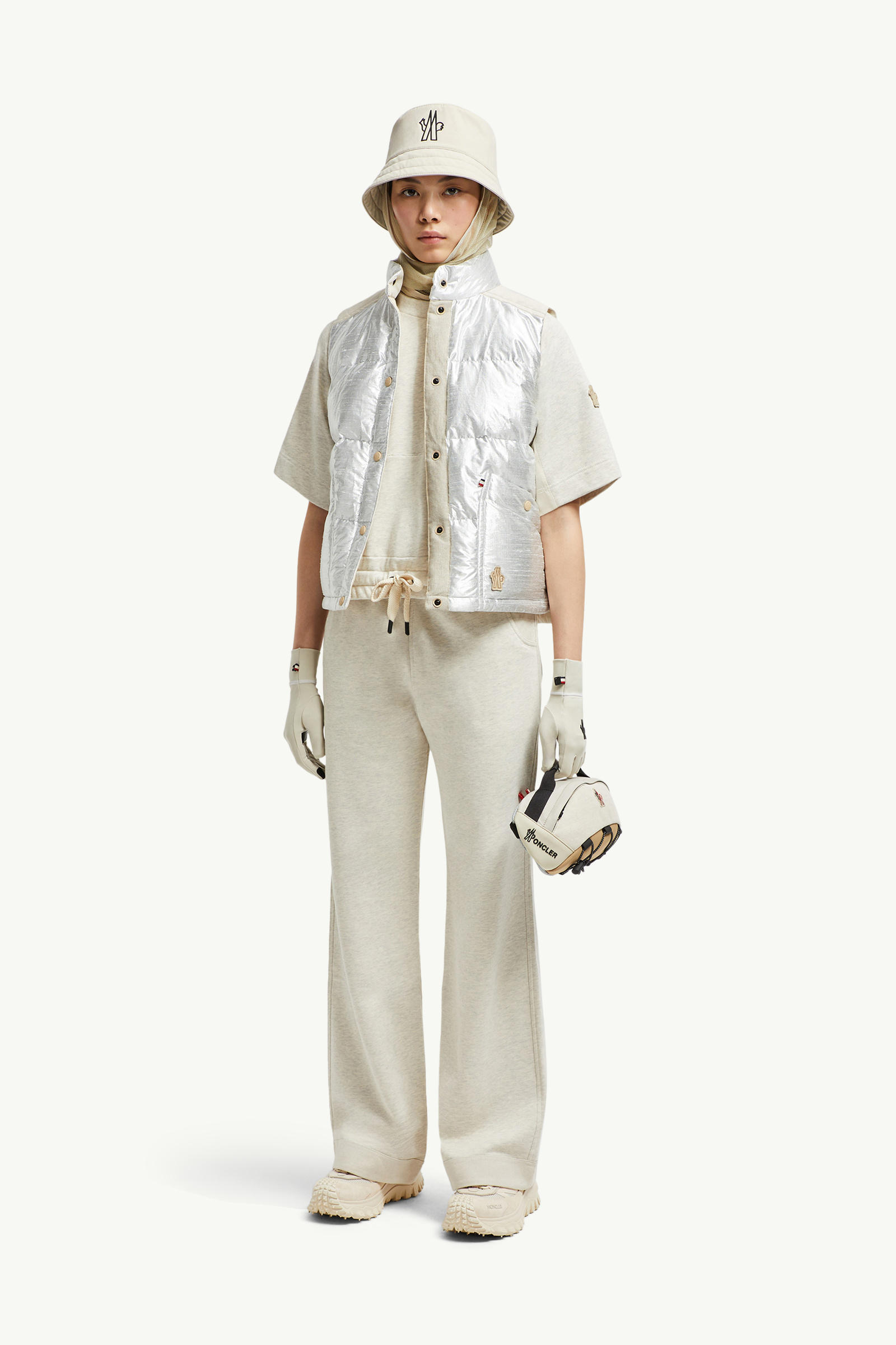 Pantalon de survêtement en coton et lin Femmes Gris Glacier Moncler 0
