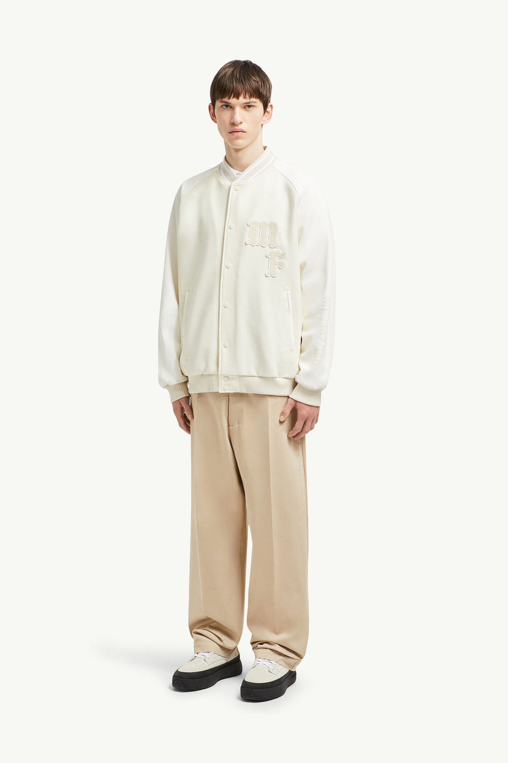 Veste universitaire en laine et cuir Loki Moncler x FRGMT Hommes Beige Clair Moncler 3