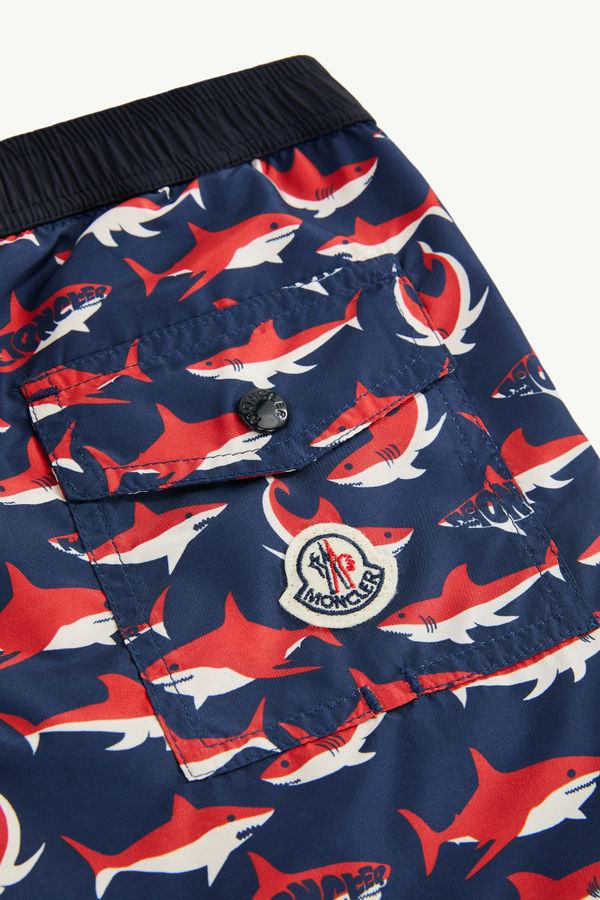 Shark Print Swim Shorts Boy White & Blue & Red Moncler 3