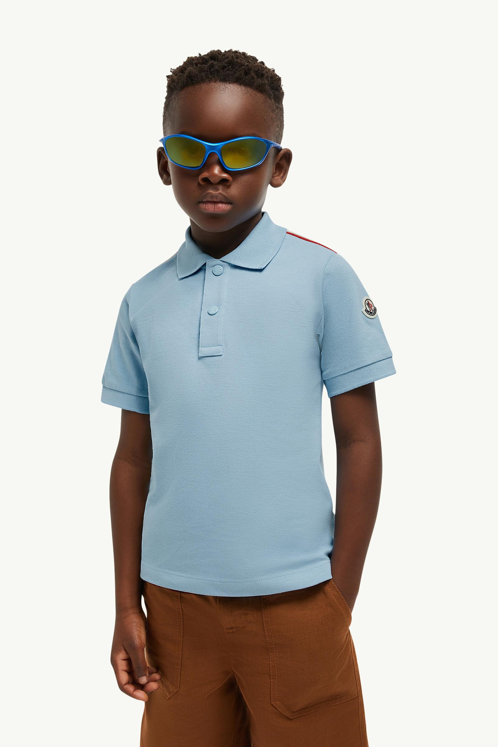 Tricolor-Trimmed Cotton Polo Shirt Boy Light Blue Moncler 1