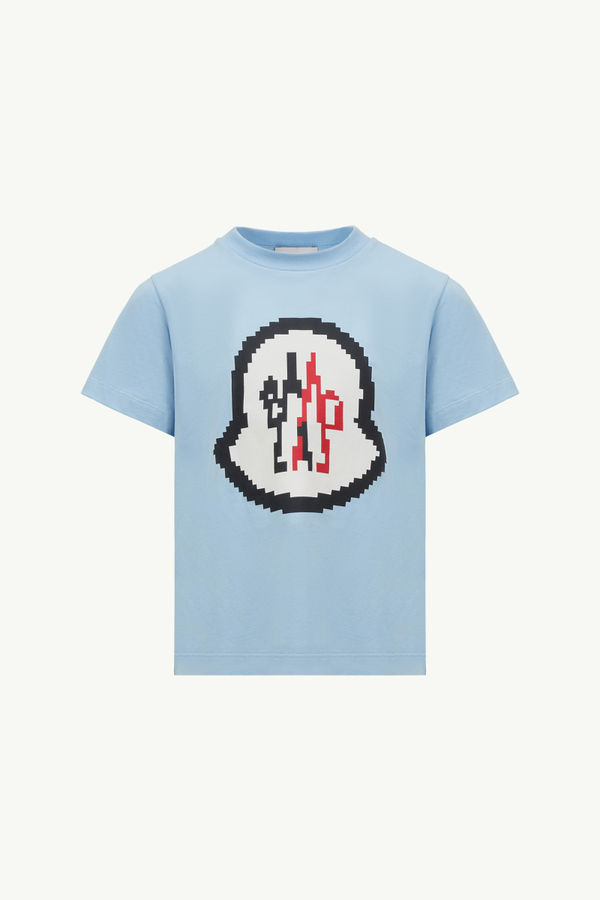 Pixel Logo Cotton T-Shirt Boy Light Blue Moncler 0
