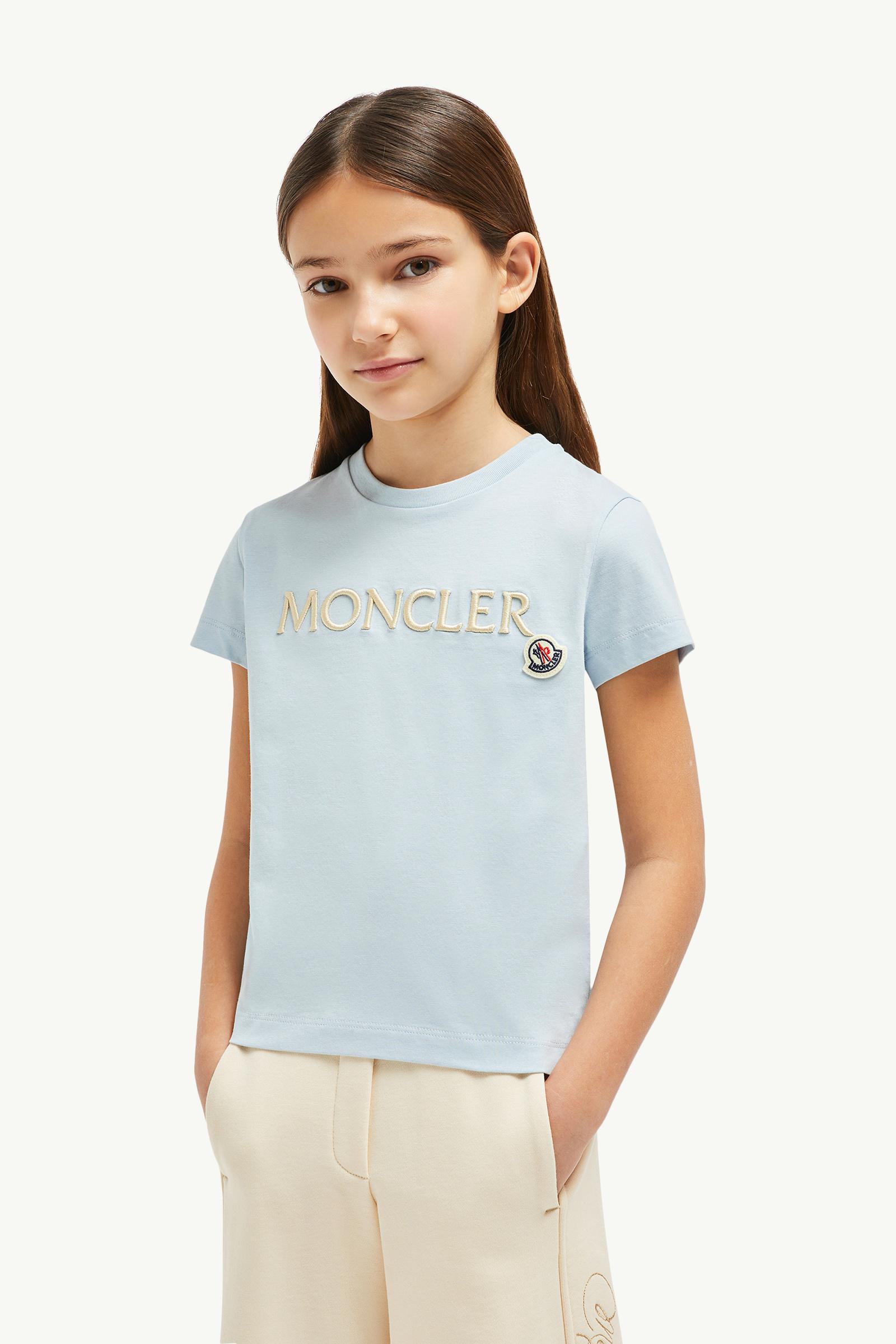 Embroidered Logo Cotton T-Shirt Girl Light Blue Moncler 1