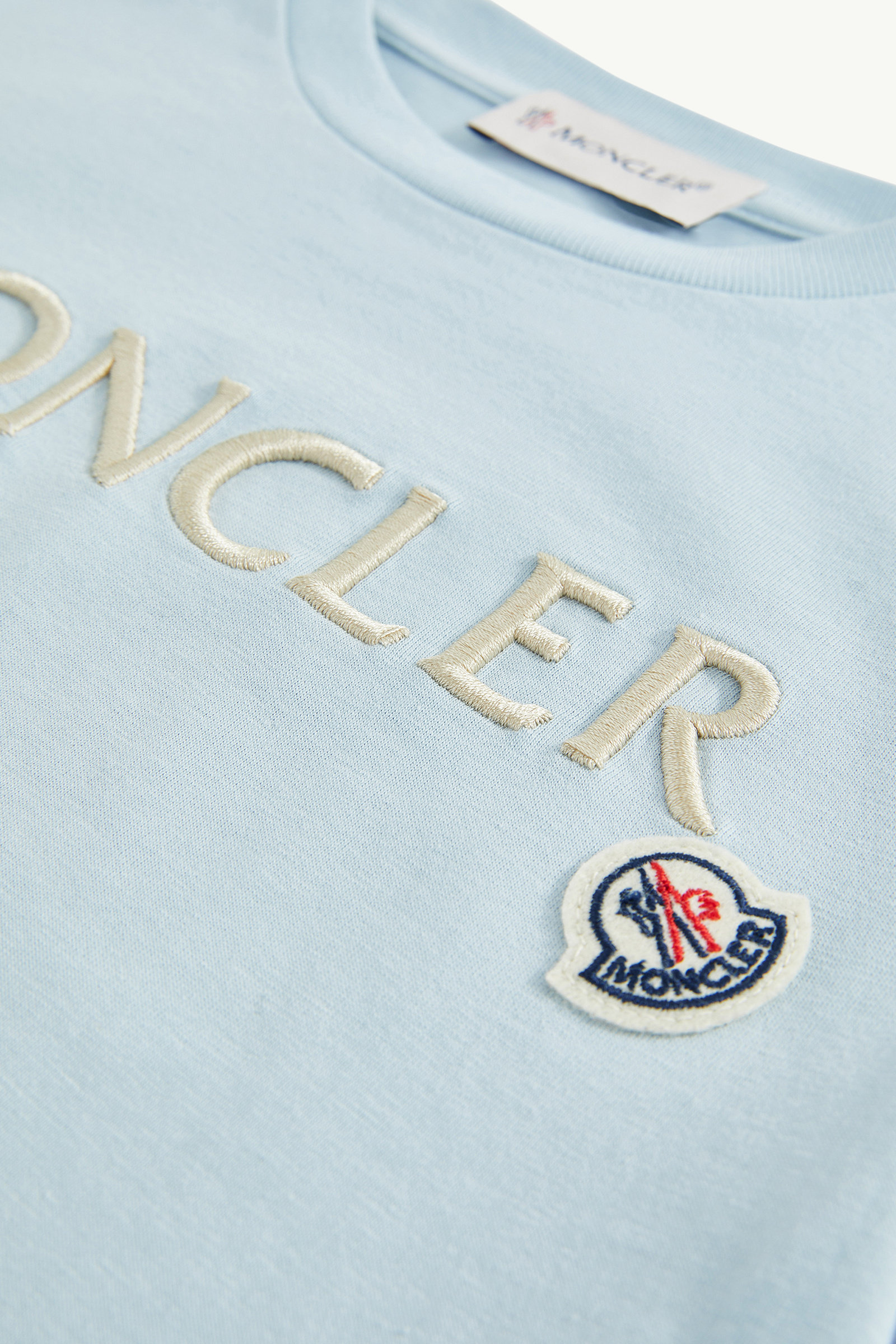 Embroidered Logo Cotton T-Shirt Girl Light Blue Moncler 4
