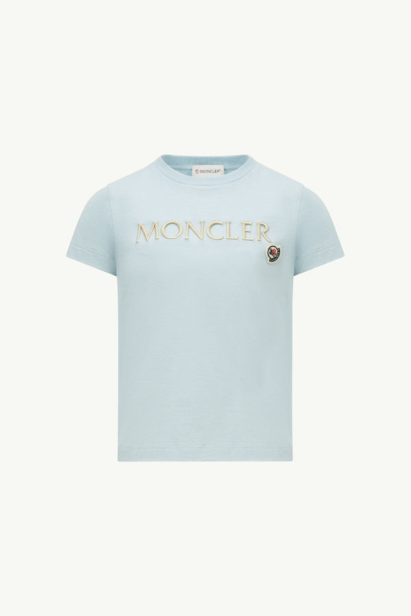 Embroidered Logo Cotton T-Shirt Girl Light Blue Moncler 0