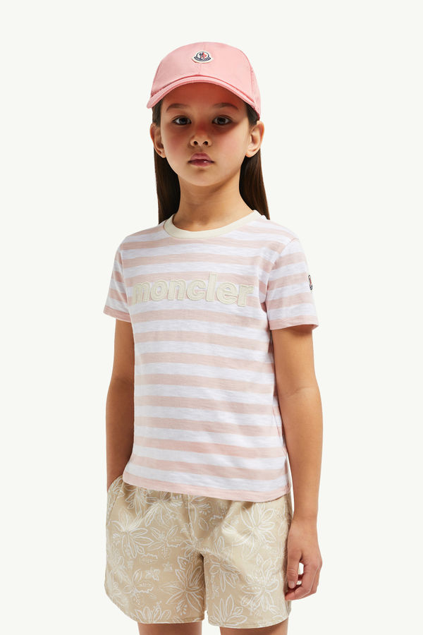 Gestreiftes T-Shirt aus Baumwolljersey mit Logo Mädchen Weiß & Pink Moncler 1