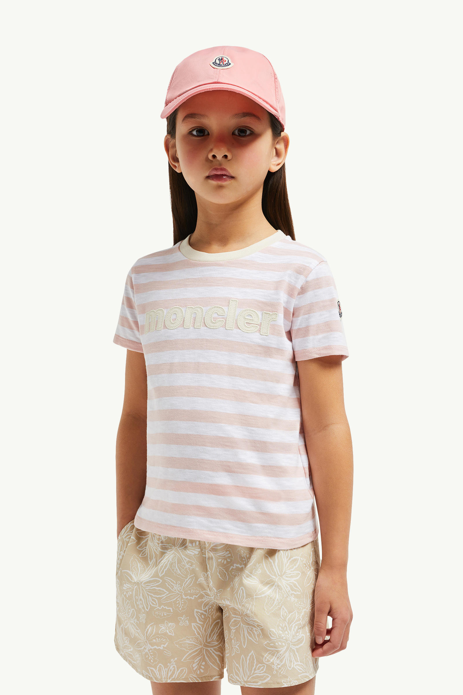 Logo Striped Cotton Jersey T-Shirt Girl White & Pink Moncler 1
