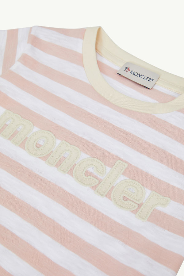 Logo Striped Cotton Jersey T-Shirt Girl White & Pink Moncler 4