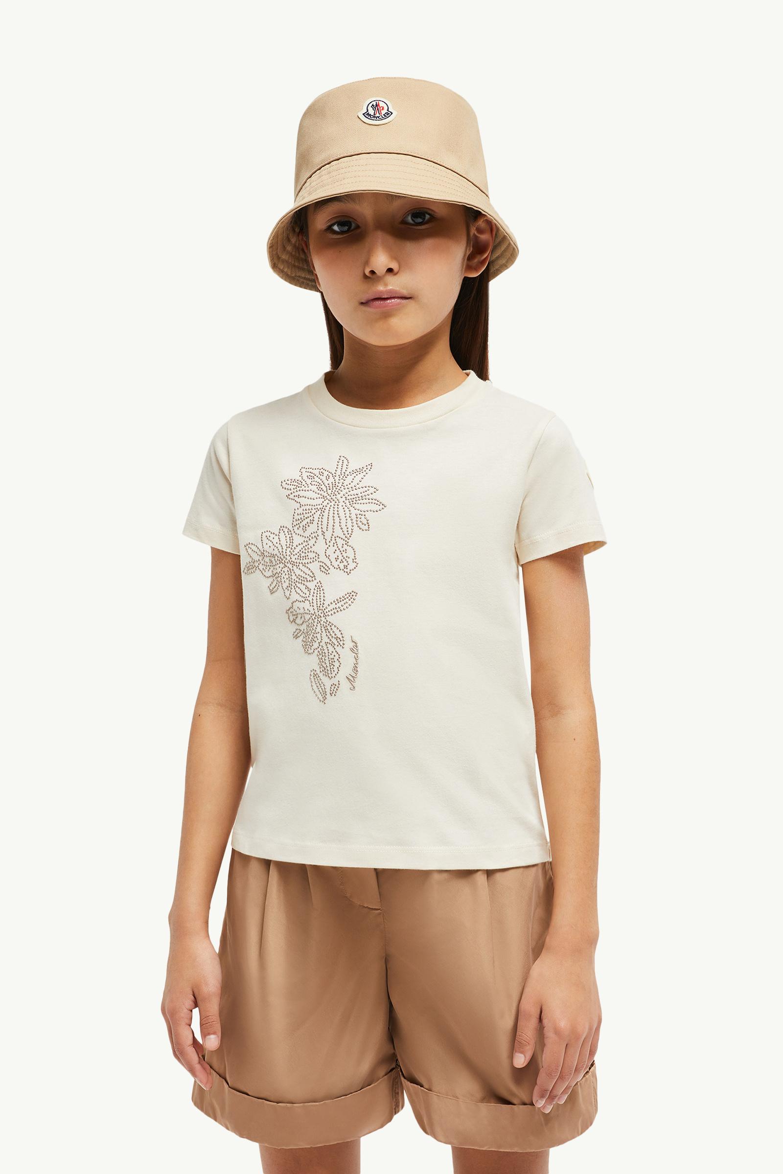 Studded Flower Motif Cotton T-Shirt Girl White Moncler 1