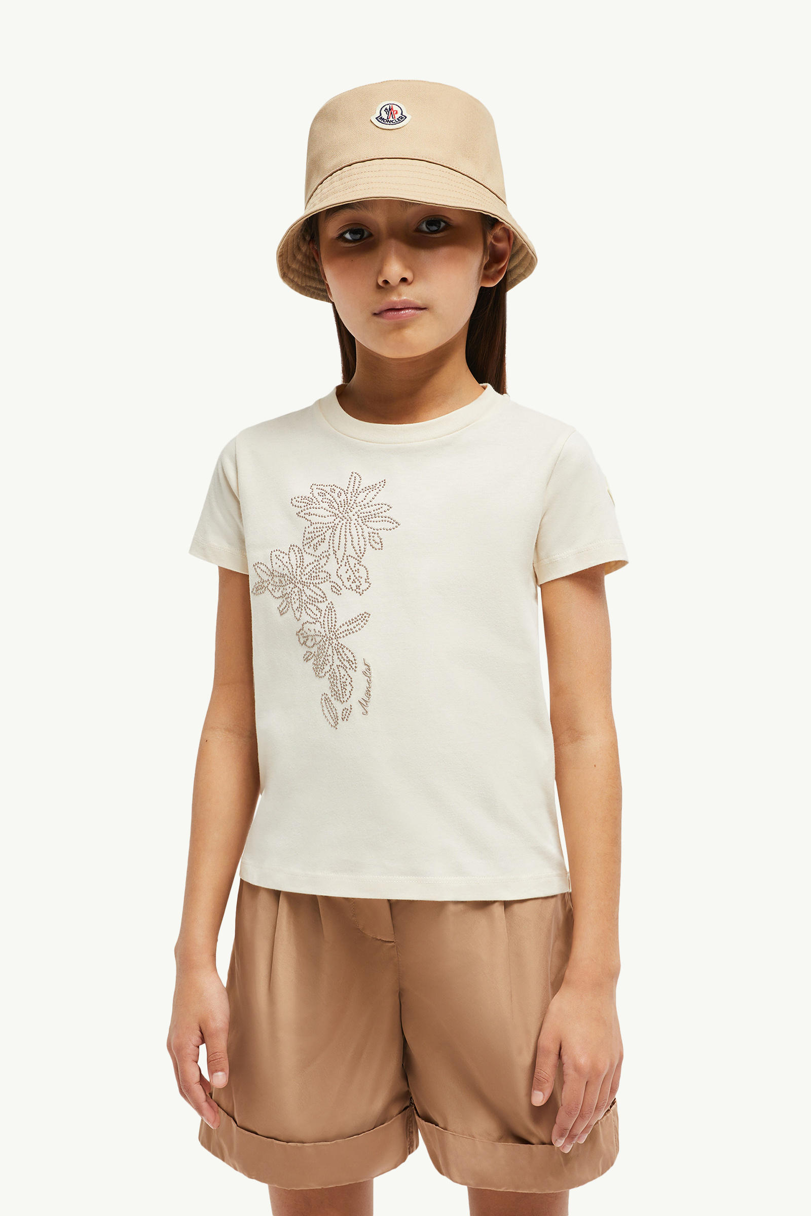Studded Flower Motif Cotton T-Shirt Girl White Moncler 1