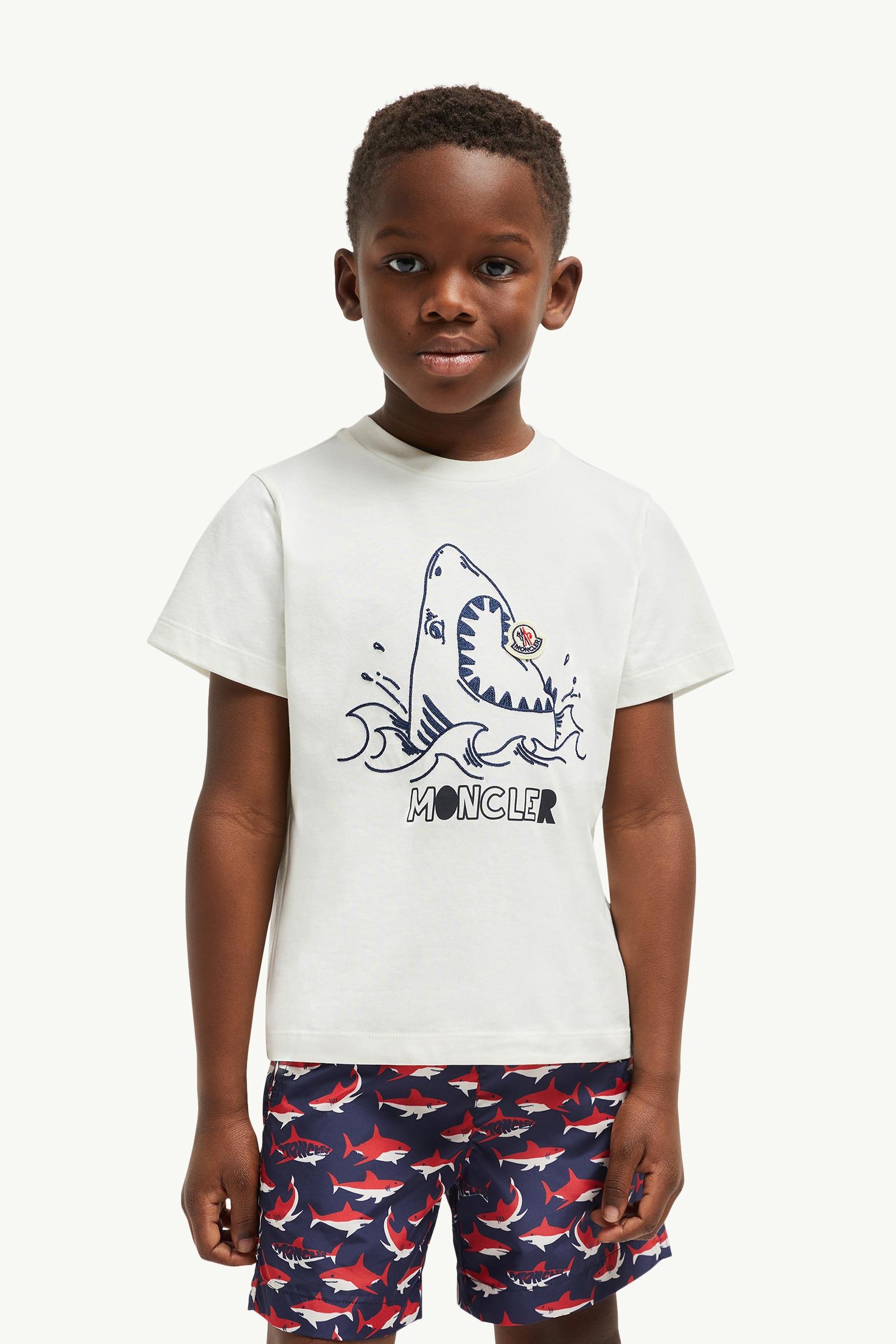 Embroidered Shark Motif Cotton Jersey T-Shirt Boy White Moncler 1