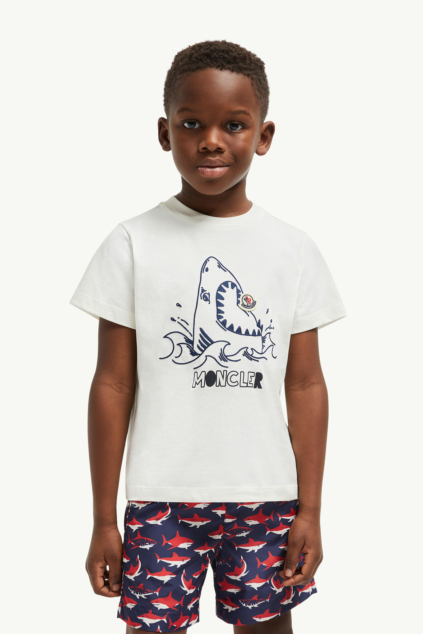 Embroidered Shark Motif Cotton Jersey T-Shirt Boy White Moncler 1