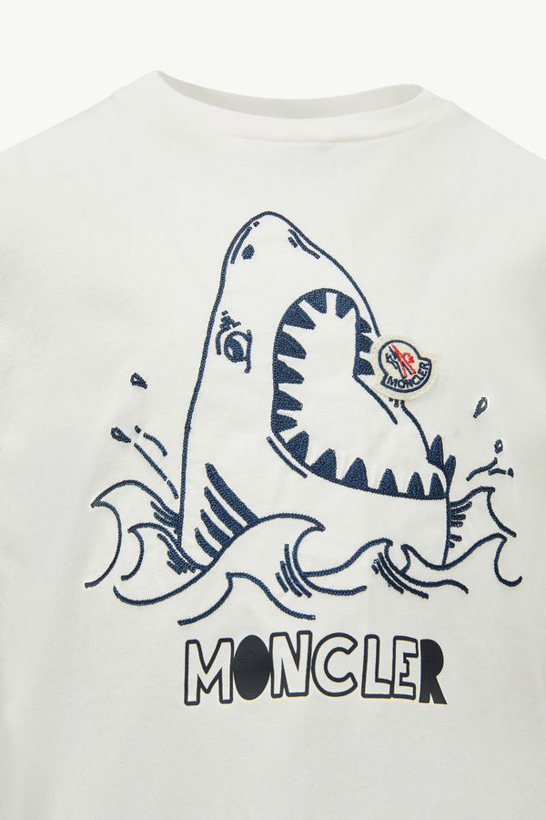 T-shirt in jersey di cotone con motivo squalo ricamato Bambino Bianco Moncler 3