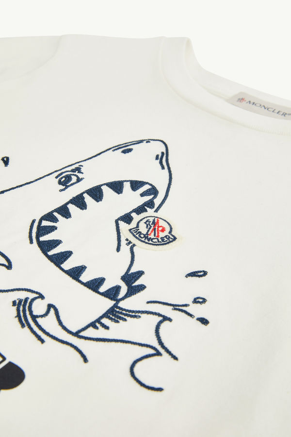 T-shirt in jersey di cotone con motivo squalo ricamato Bambino Bianco Moncler 4