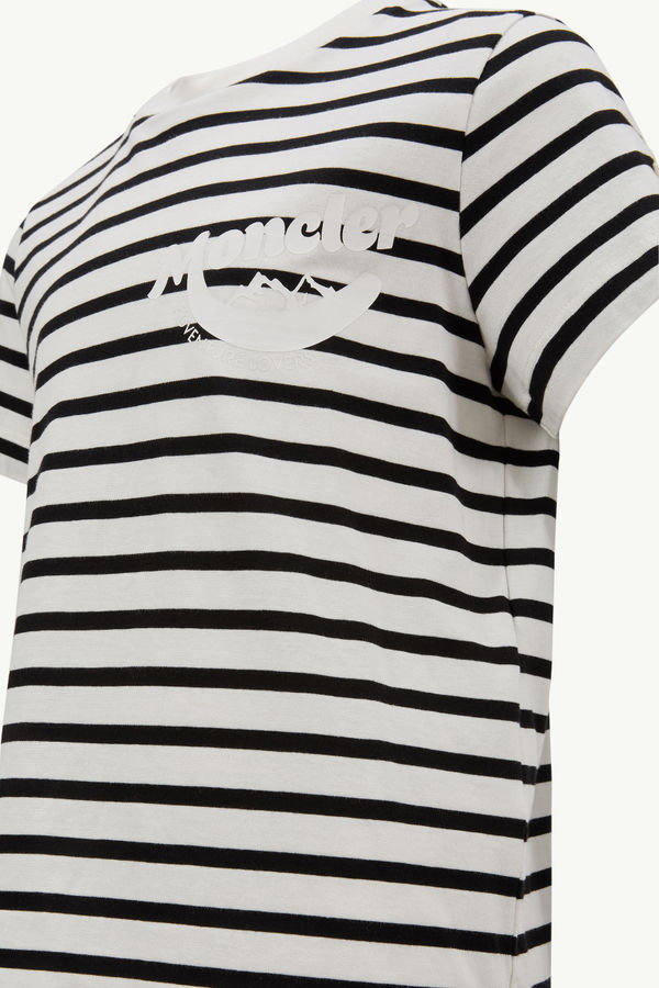 Mountain Logo Striped Cotton Jersey T-Shirt Boy Black & White Moncler 2