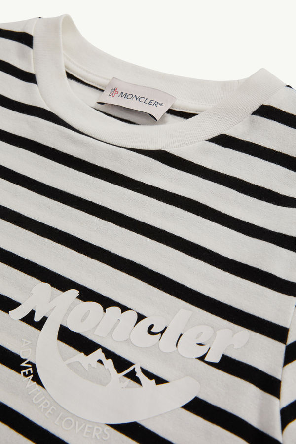 Mountain Logo Striped Cotton Jersey T-Shirt Boy Black & White Moncler 3