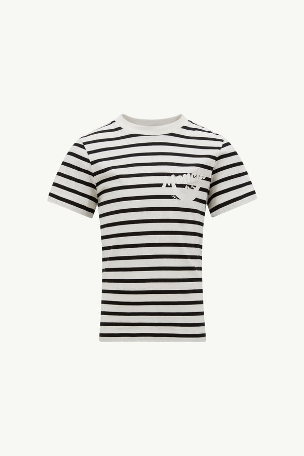 Mountain Logo Striped Cotton Jersey T-Shirt Boy Black & White Moncler 0