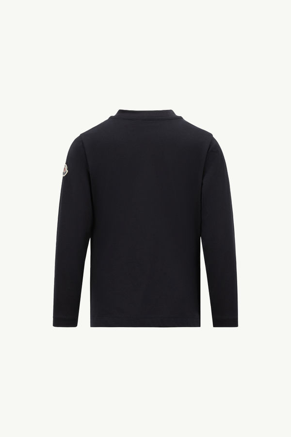 Embroidered Logo Long Sleeve Cotton T-Shirt Boy Navy Blue Moncler 1