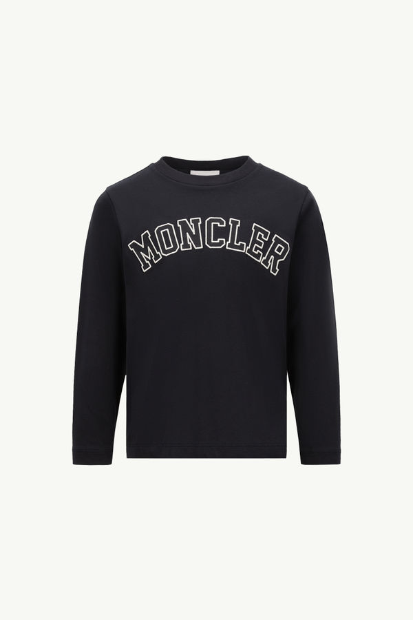 Embroidered Logo Long Sleeve Cotton T-Shirt Boy Navy Blue Moncler 0