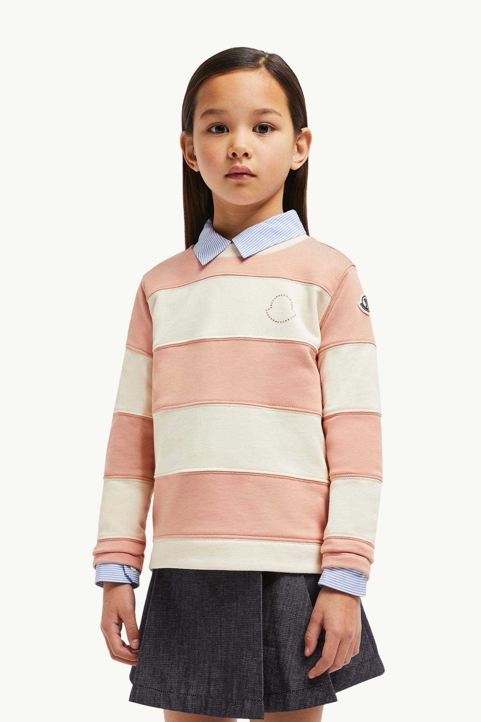 Rhinestones Logo Striped Cotton Sweatshirt Girl White & Pink Moncler 1