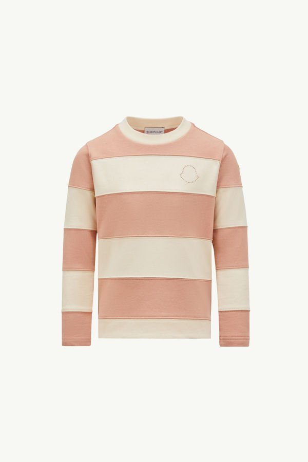 Rhinestones Logo Striped Cotton Sweatshirt Girl White & Pink Moncler 0