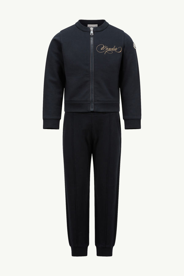 Embroidered Cursive Logo Cotton Tracksuit Set Girl Navy Blue Moncler 0