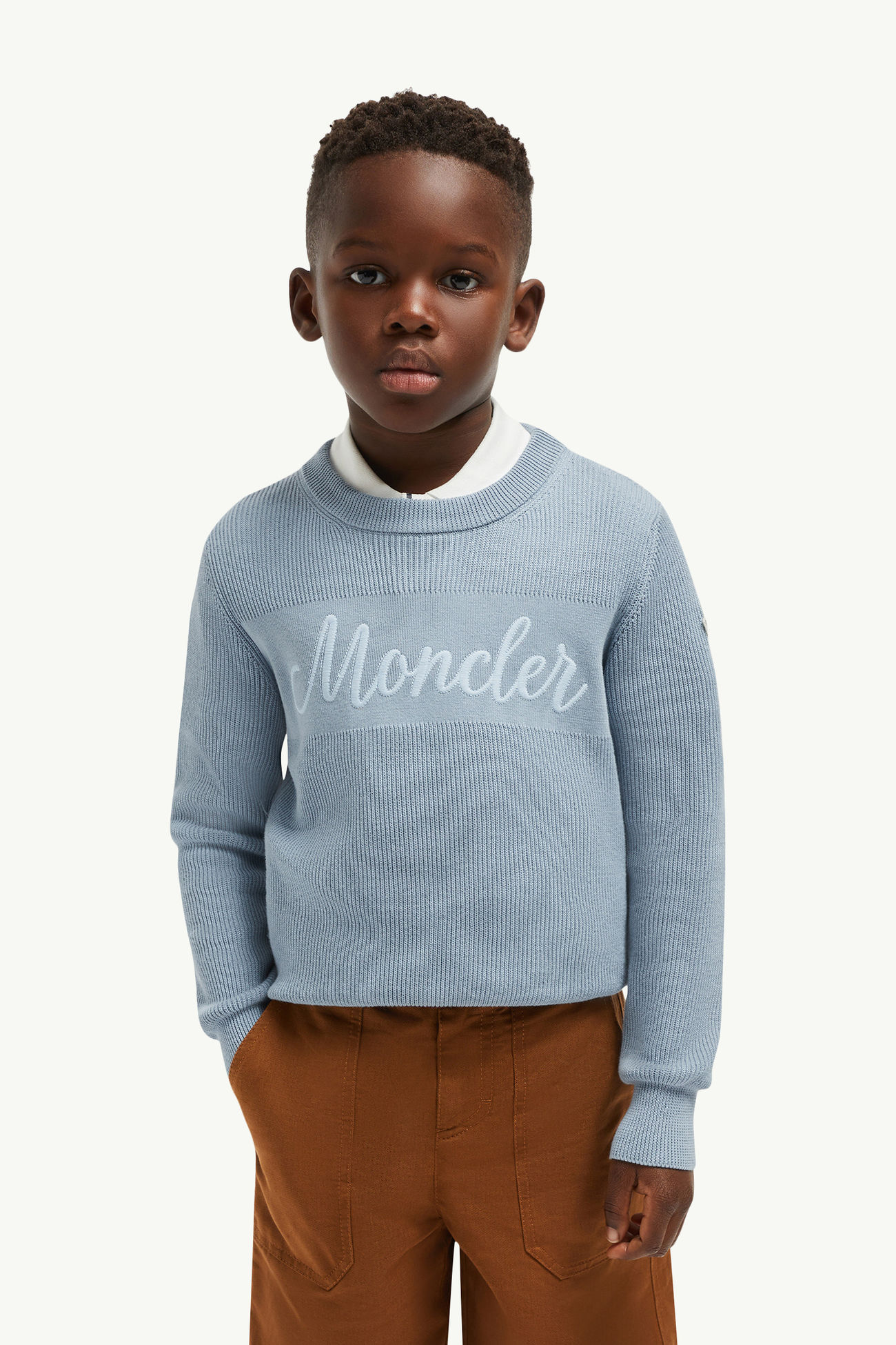 Embroidered Cursive Logo Cotton Sweater Boy Light Blue Moncler 1