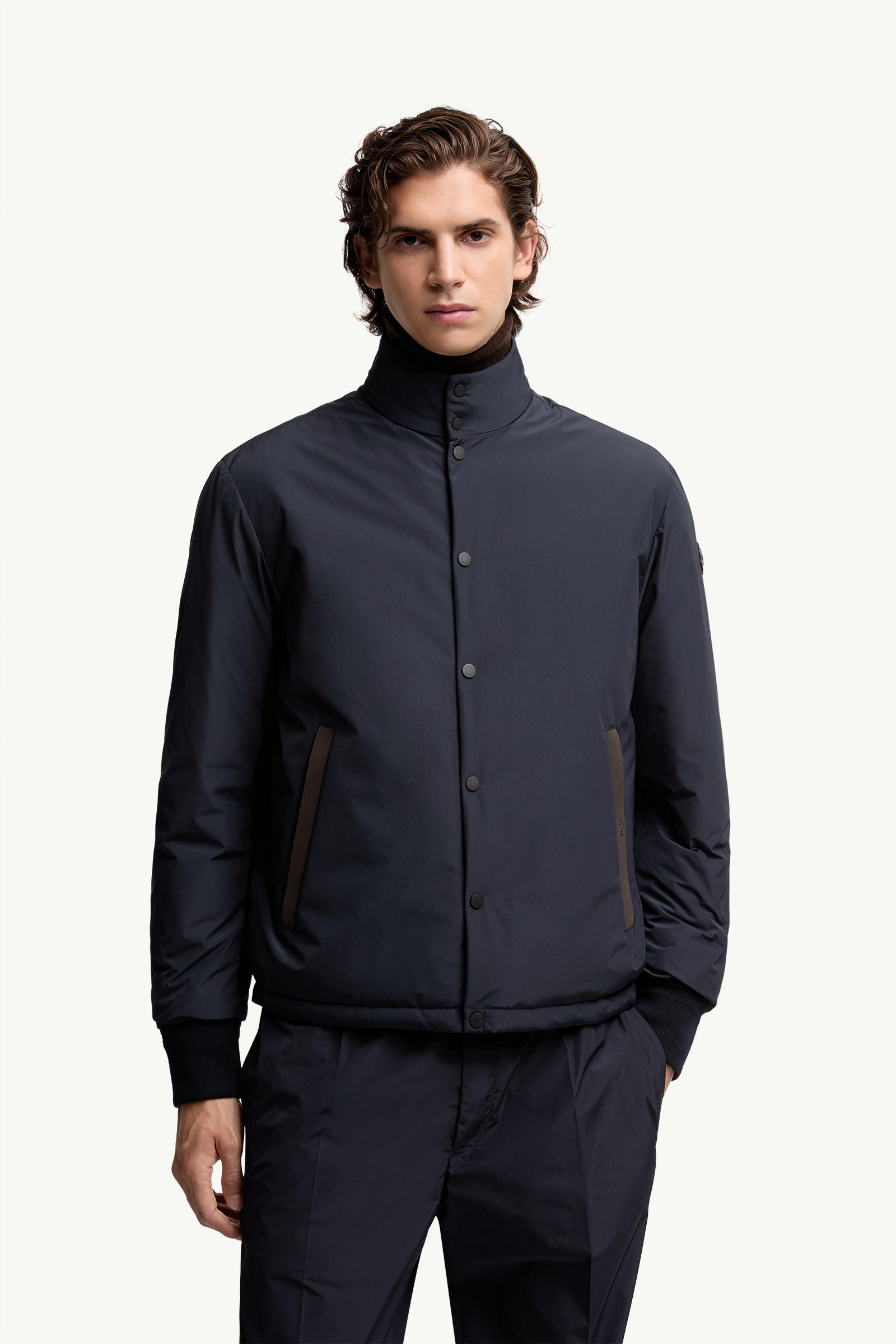Lanques Leather-Trimmed Short Down Jacket Men Navy Blue Moncler 3