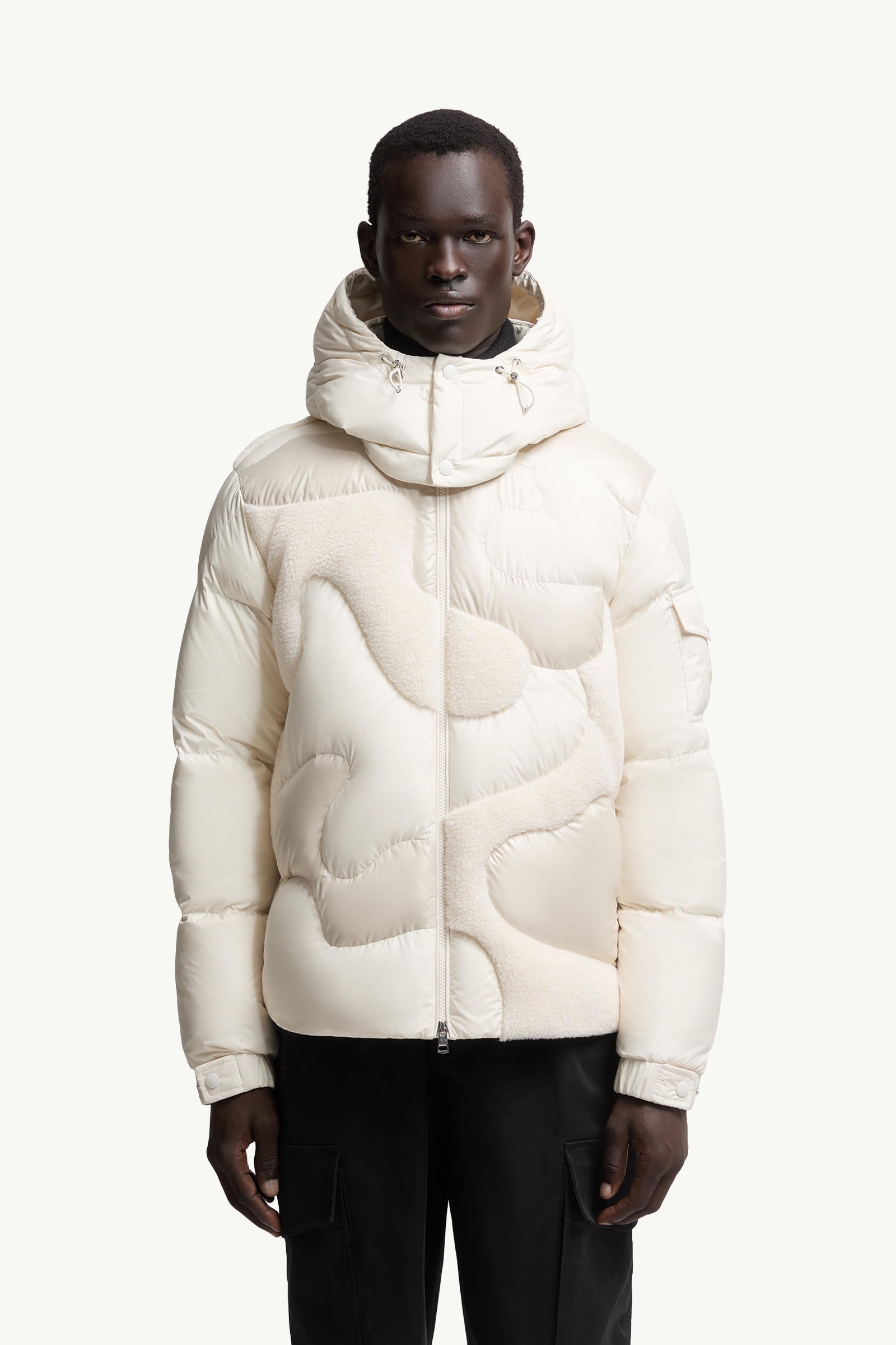 Plumífero corto con capucha de intarsia efecto peluche Candes Hombre Blanco Moncler 3
