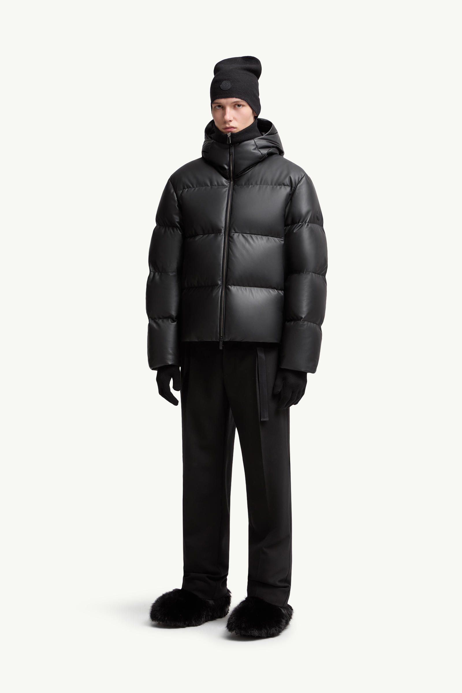 Mentone Hooded Nappa Leather Short Down Jacket Men Black Moncler 0