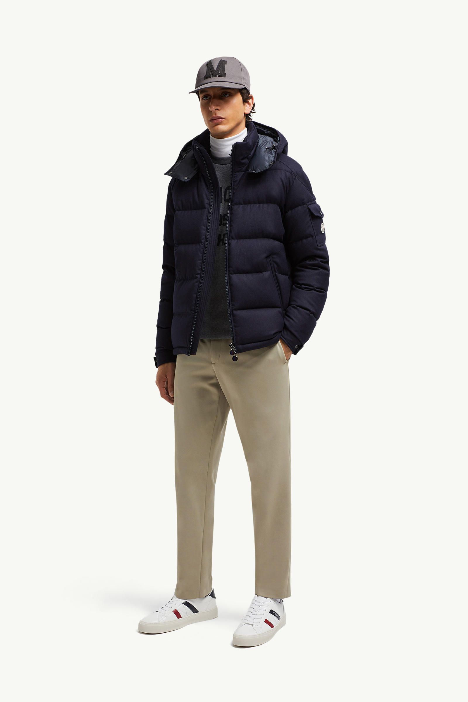 Montgenevre Hooded Wool Flannel Short Down Jacket Men Navy Blue Moncler 0