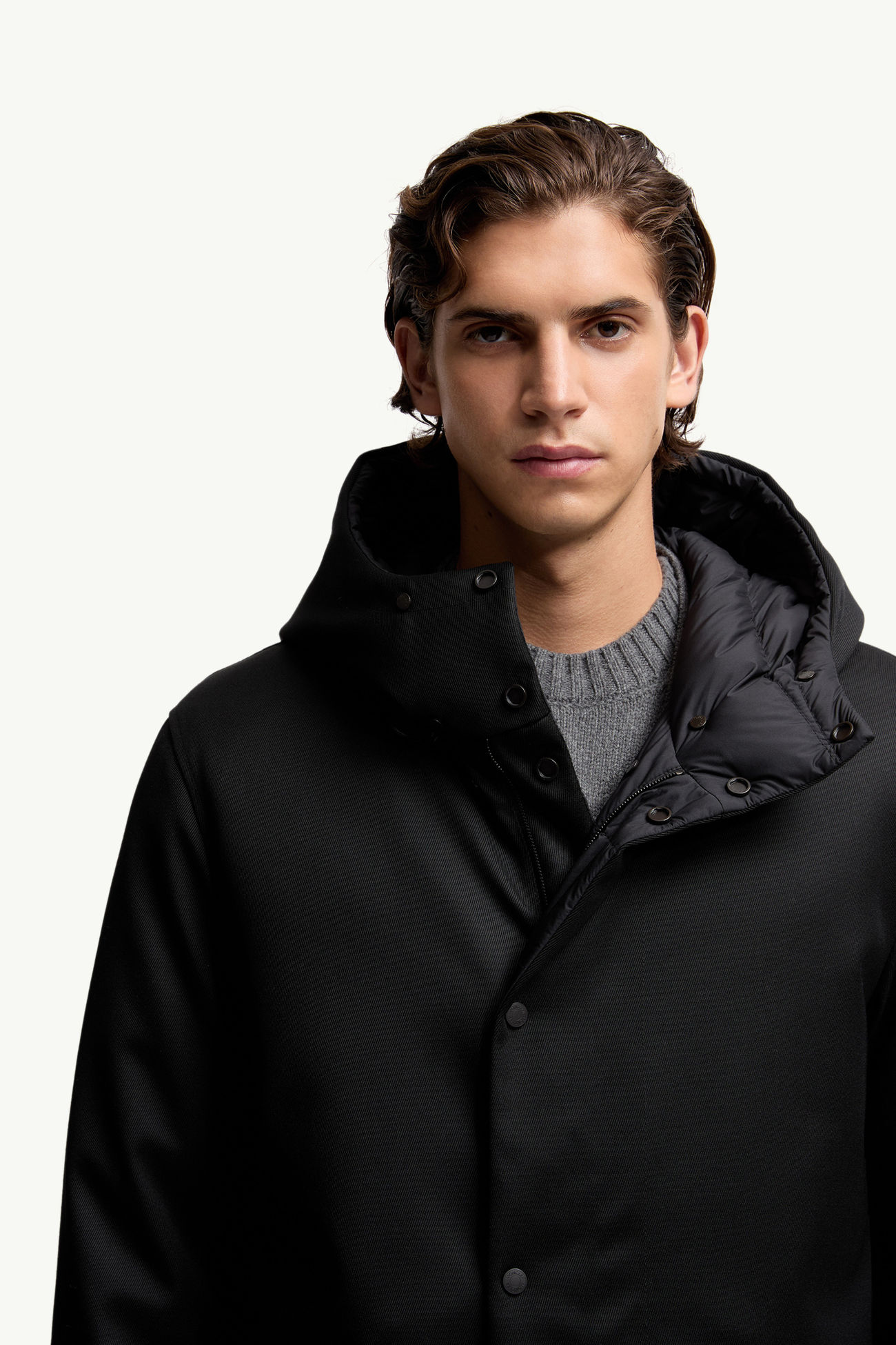Merri Reversibe Wool Hooded Mid-Length Down Jacket Men Black Moncler 7