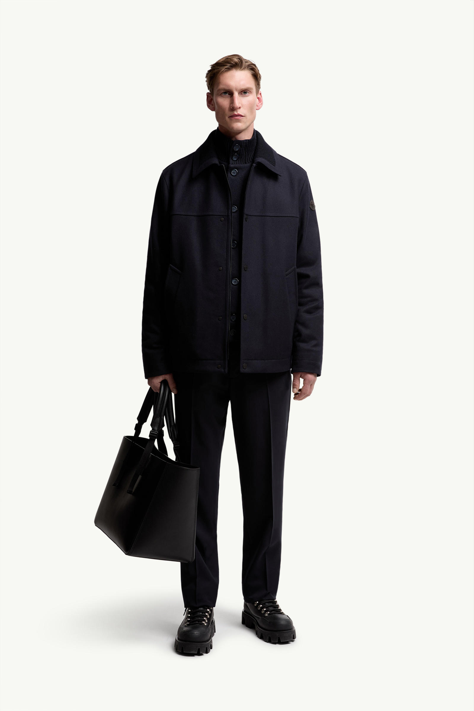 Piumino Corto Emilion in Misto Lana con Cappuccio Uomo Blu Navy Moncler 0