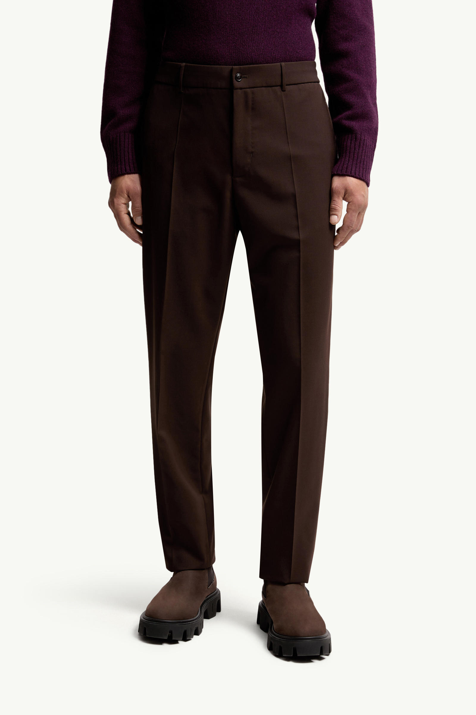 Wool Blend Gabardine Tailored Trousers Men Brown Moncler 3