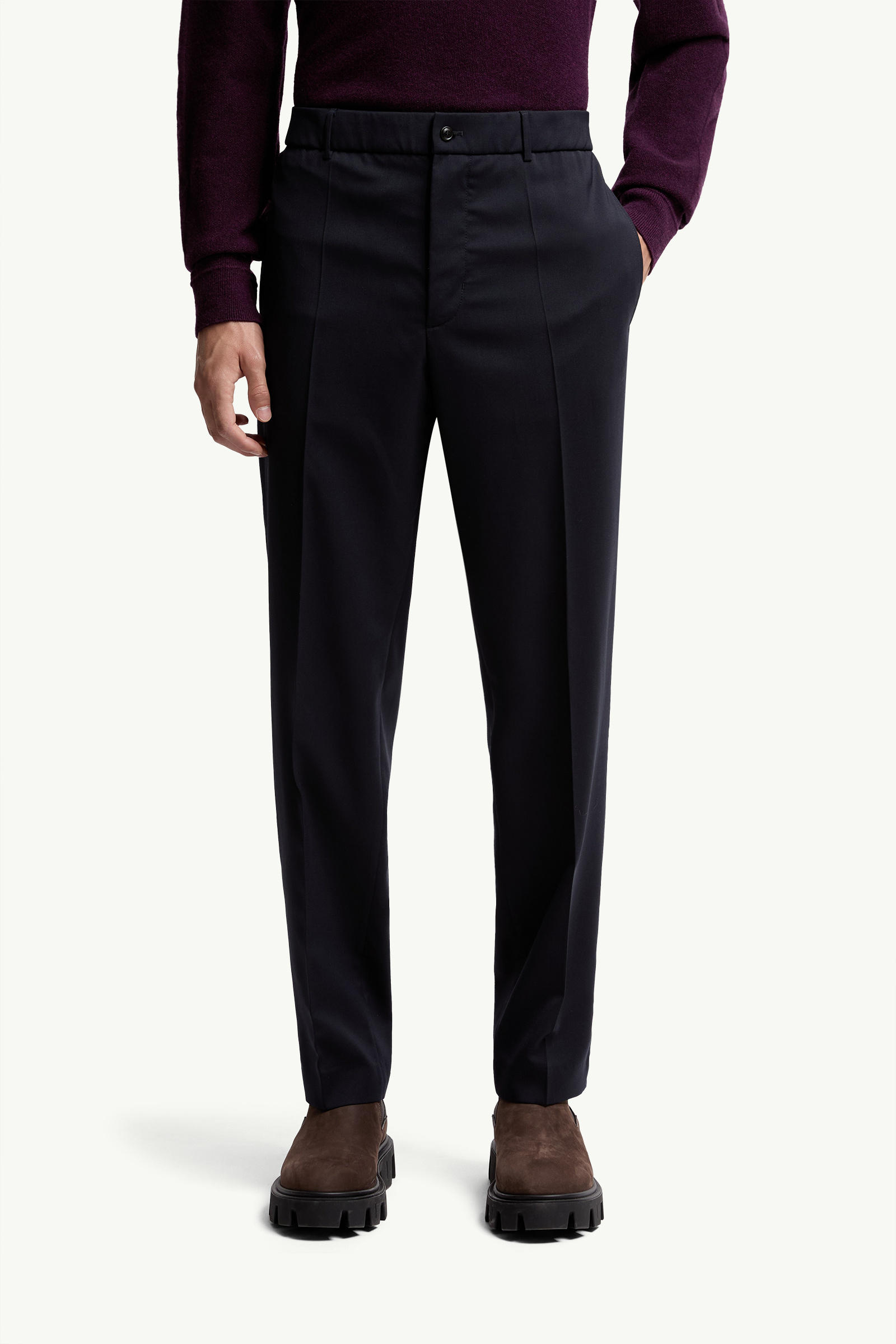 Wool Blend Gabardine Tailored Trousers Men Dark Blue Moncler 3