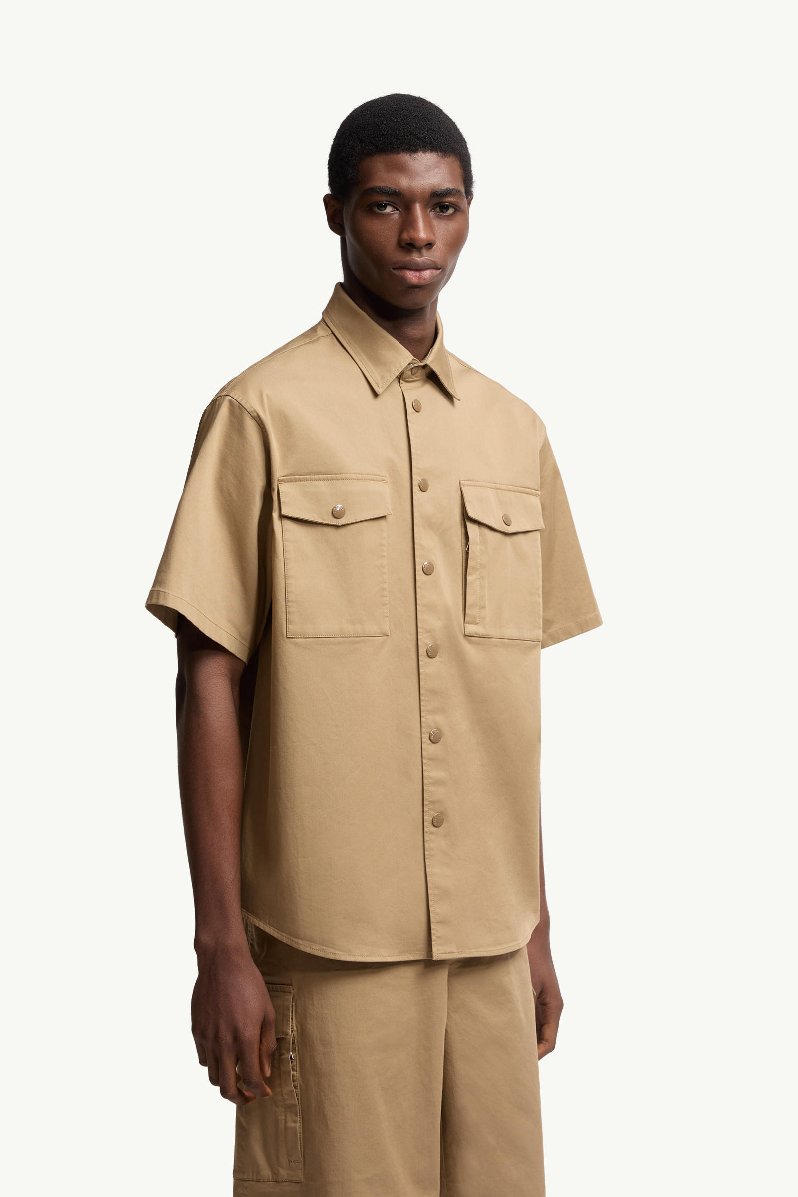 Cotton Gabardine Short Sleeve Shirt Men Beige Moncler 3