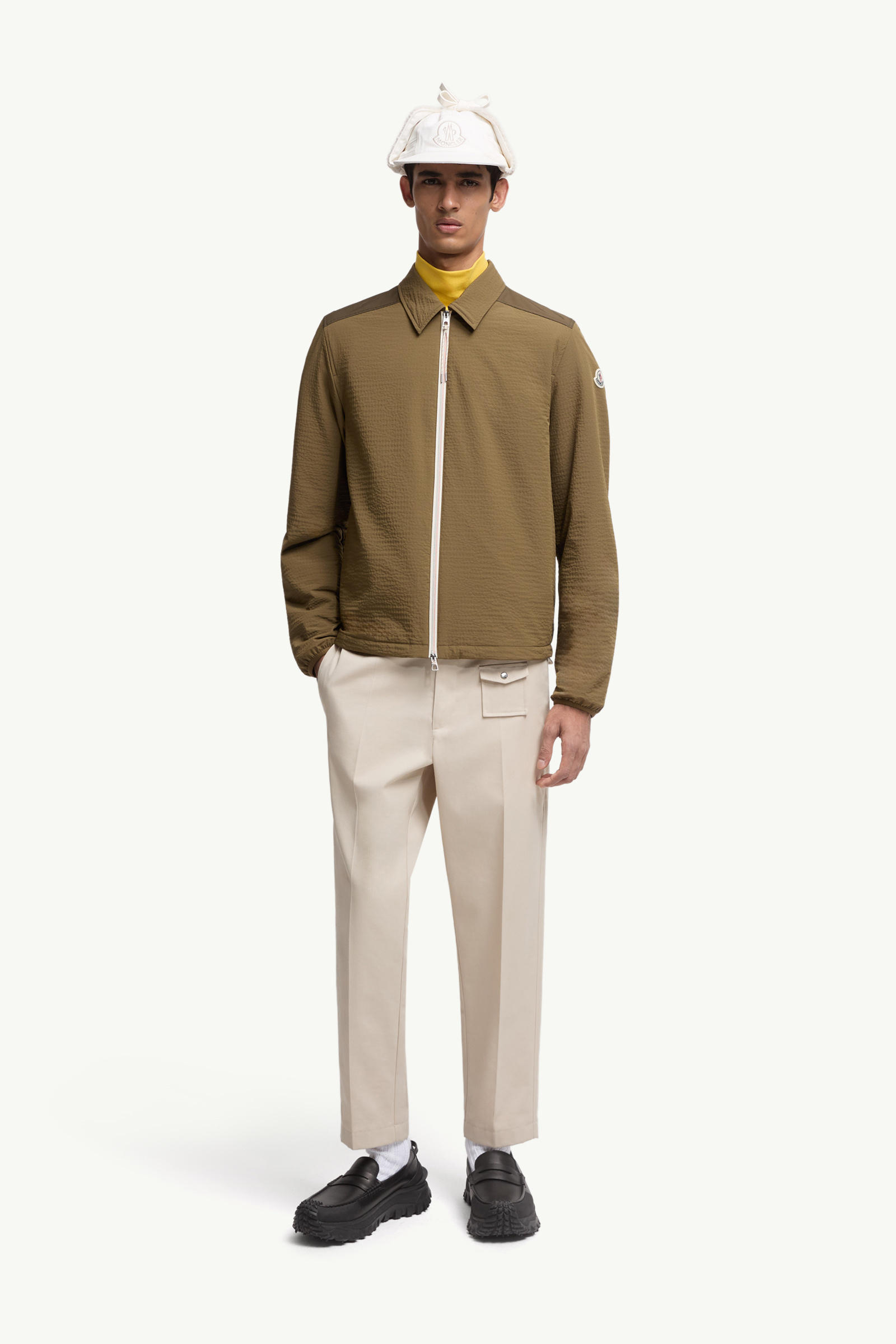 Padded Seersucker Zip-Up Shirt Men Olive Green Moncler 0