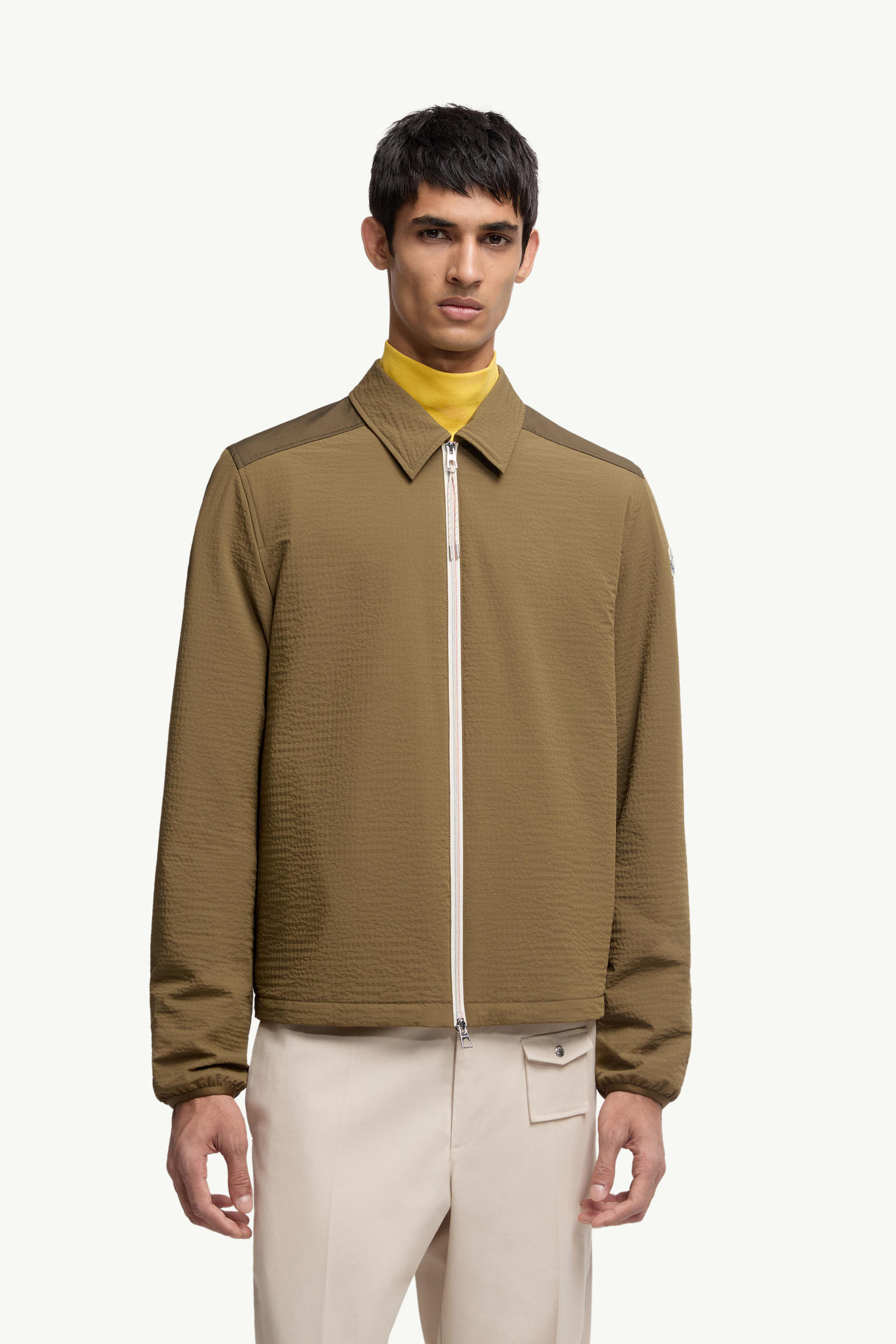 Padded Seersucker Zip-Up Shirt Men Olive Green Moncler 3