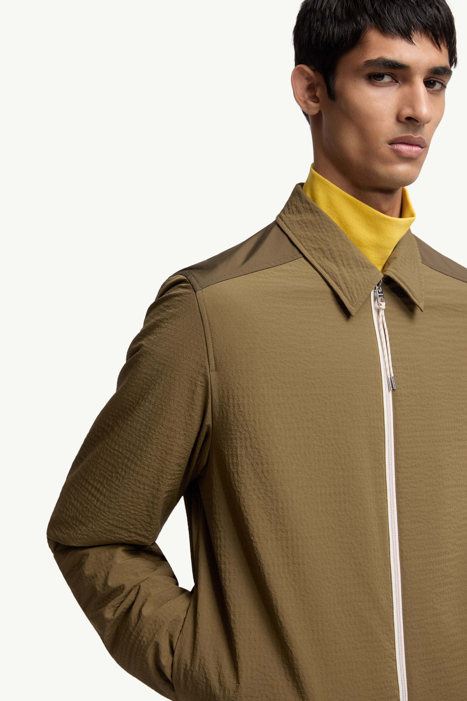Padded Seersucker Zip-Up Shirt Men Olive Green Moncler 5