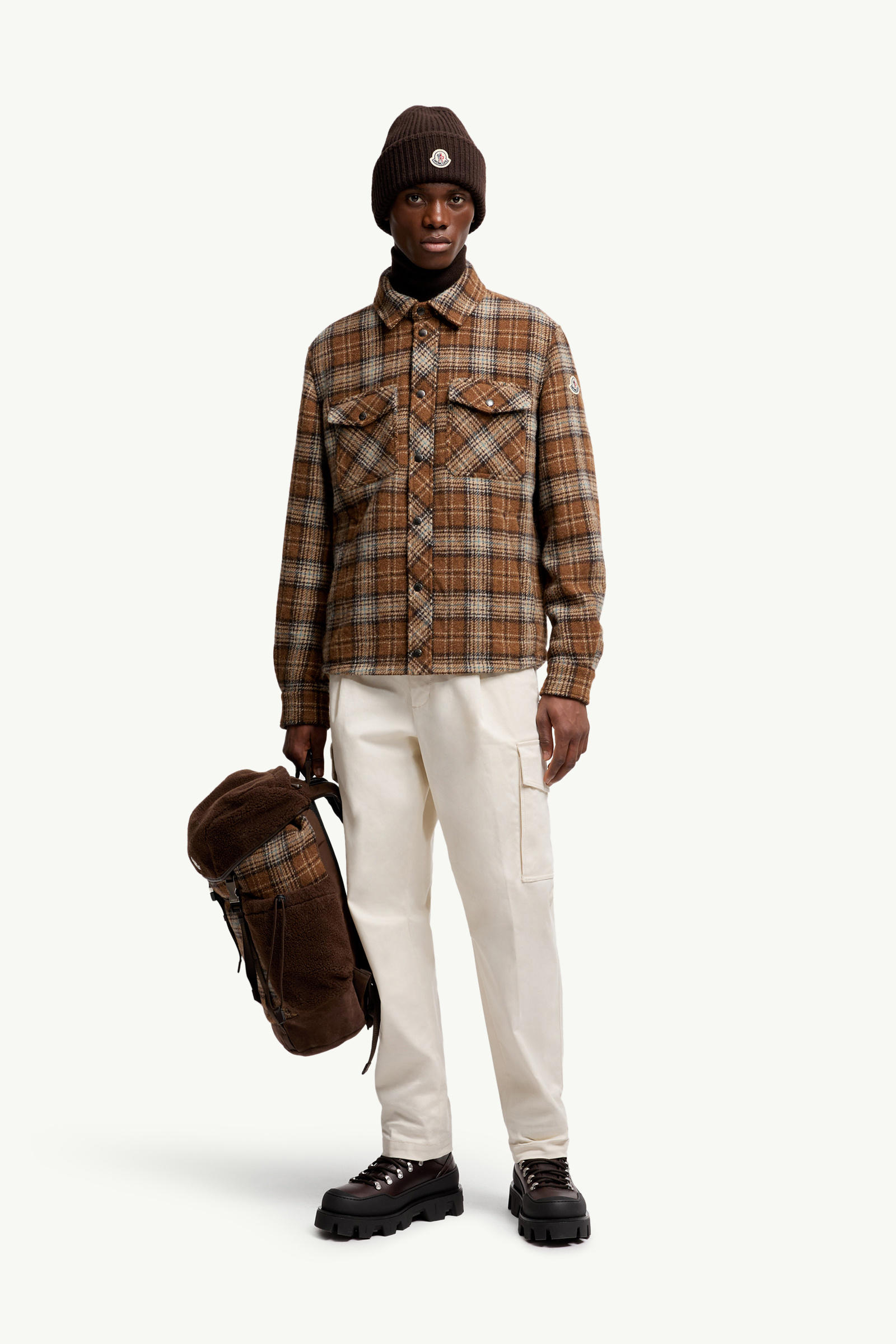 Checked Wool Shirt Jacket Men Light Brown Moncler 0