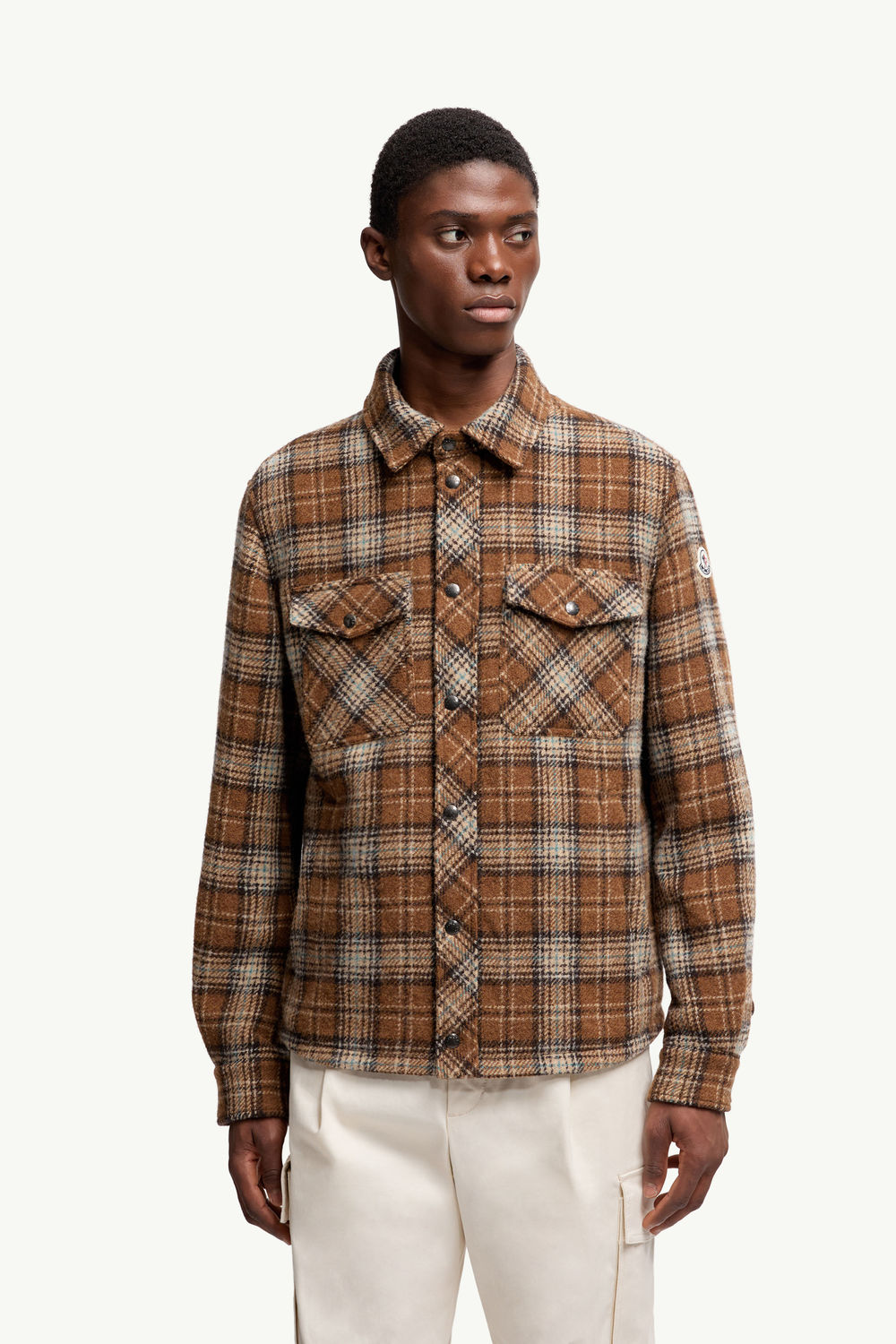 Checked Wool Shirt Jacket Men Light Brown Moncler 3