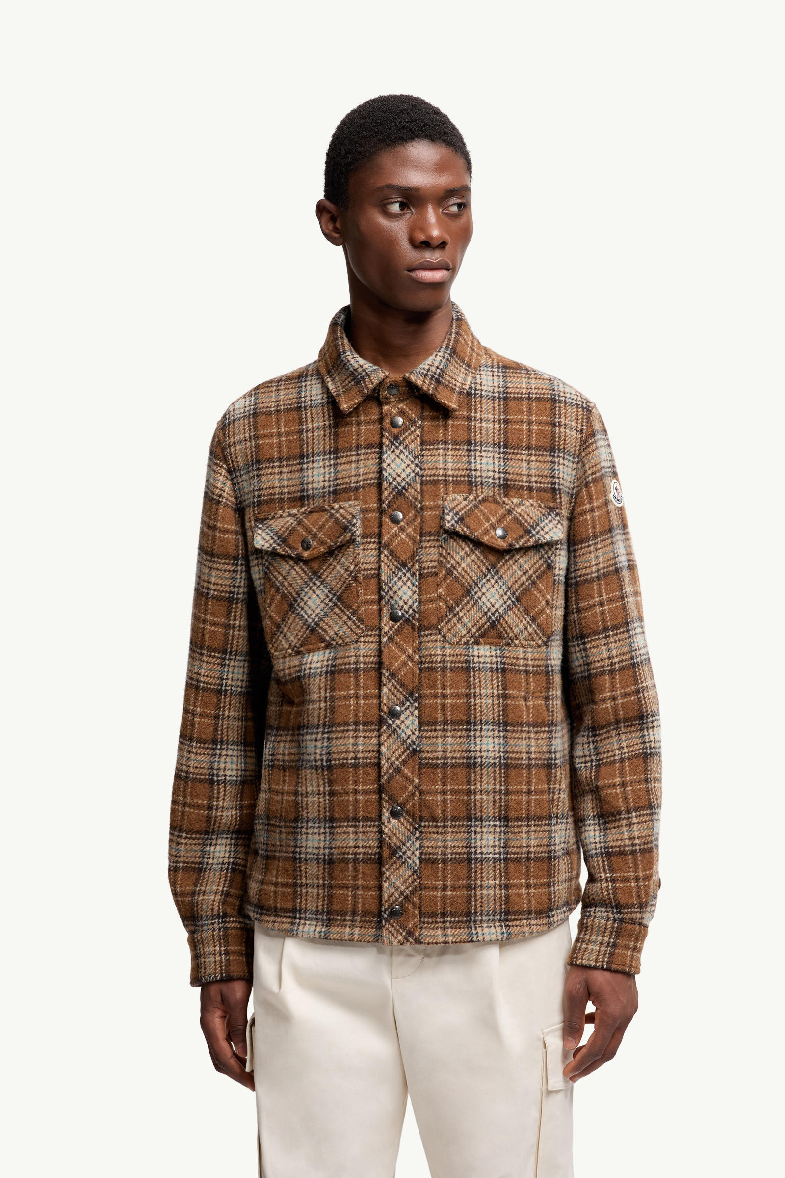 Checked Wool Shirt Jacket Men Light Brown Moncler 3