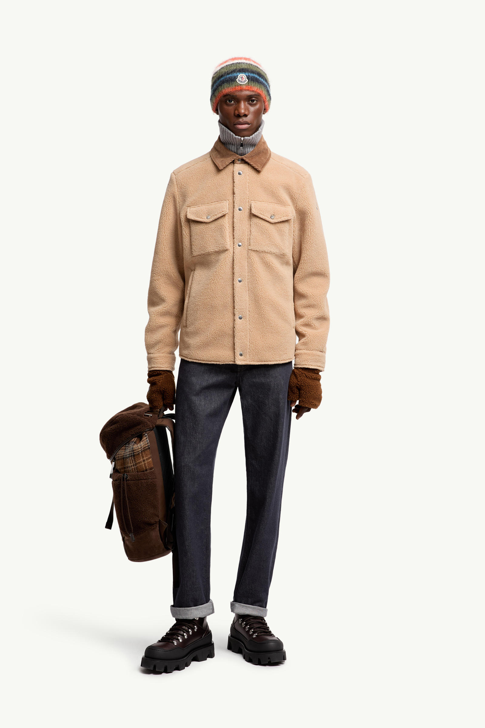 Teddy Corduroy-Trimmed Shirt Jacket Men Beige Moncler 0