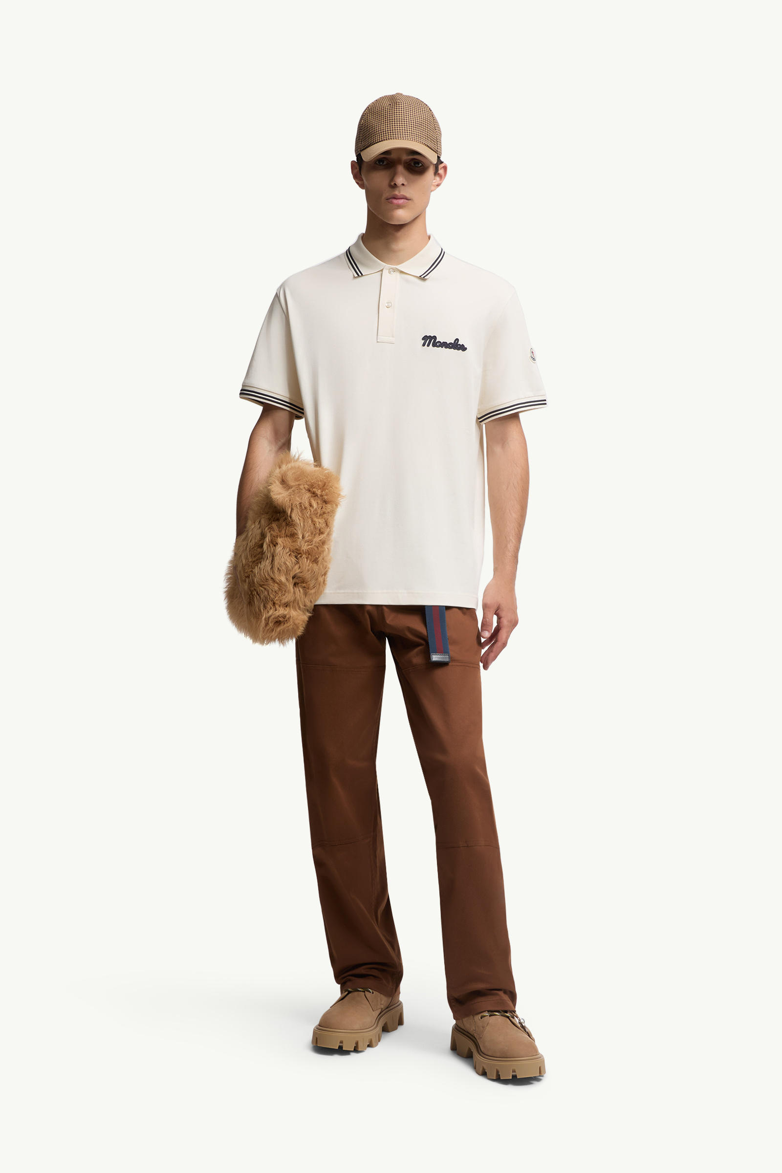 Embroidered Logo Cotton Piquet Polo Shirt Men White Ivory Moncler 0