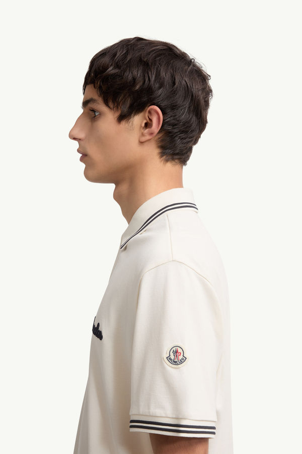 Embroidered Logo Cotton Piquet Polo Shirt Men White Ivory Moncler 1