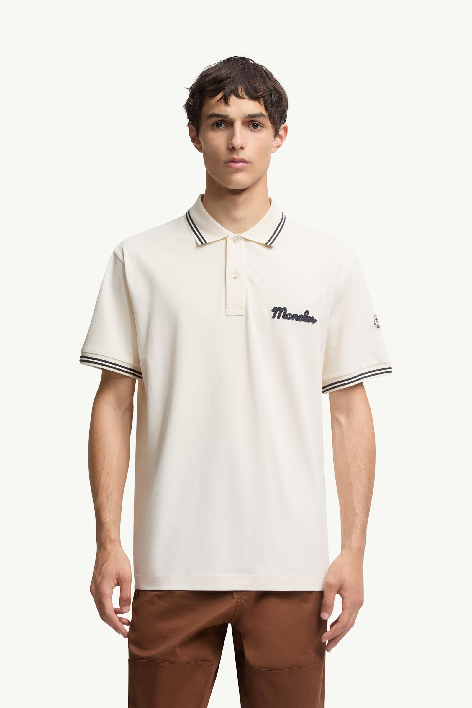 Embroidered Logo Cotton Piquet Polo Shirt Men White Ivory Moncler 3