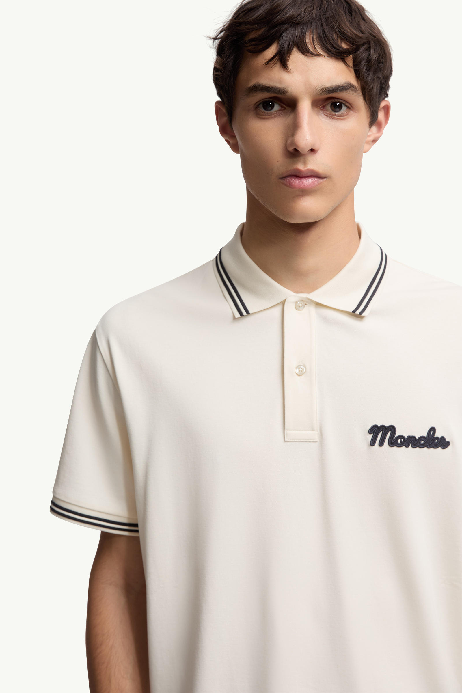 Embroidered Logo Cotton Piquet Polo Shirt Men White Ivory Moncler 5