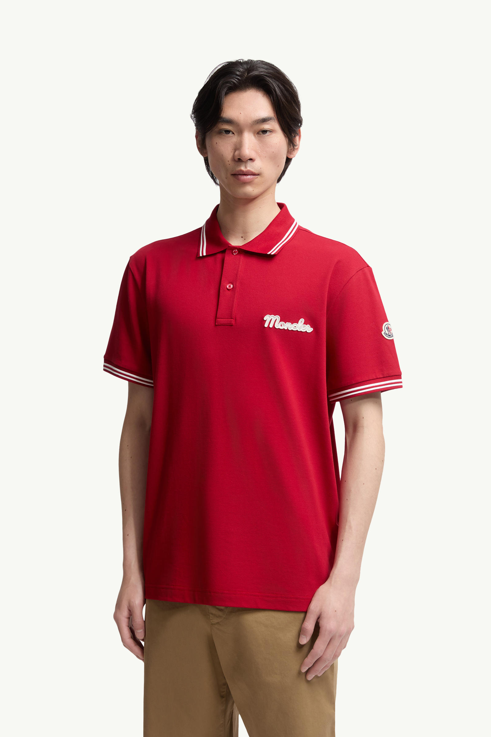 Embroidered Logo Cotton Piquet Polo Shirt Men Red Moncler 3