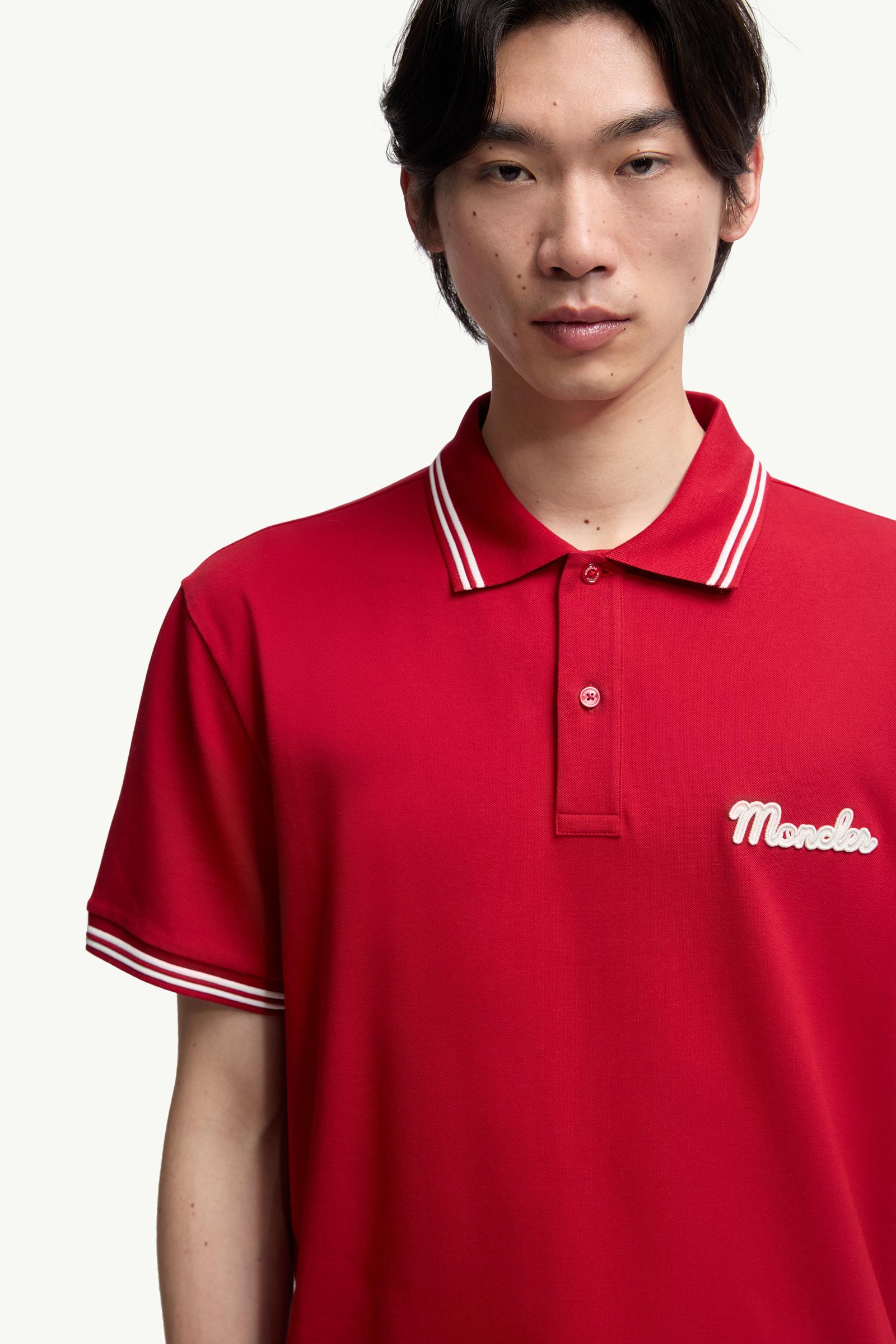 MONCLER 赤 ポロシャツ ストライプ襟 Moncler Polo Shirt, $165 | farfetch.com | Lookastic