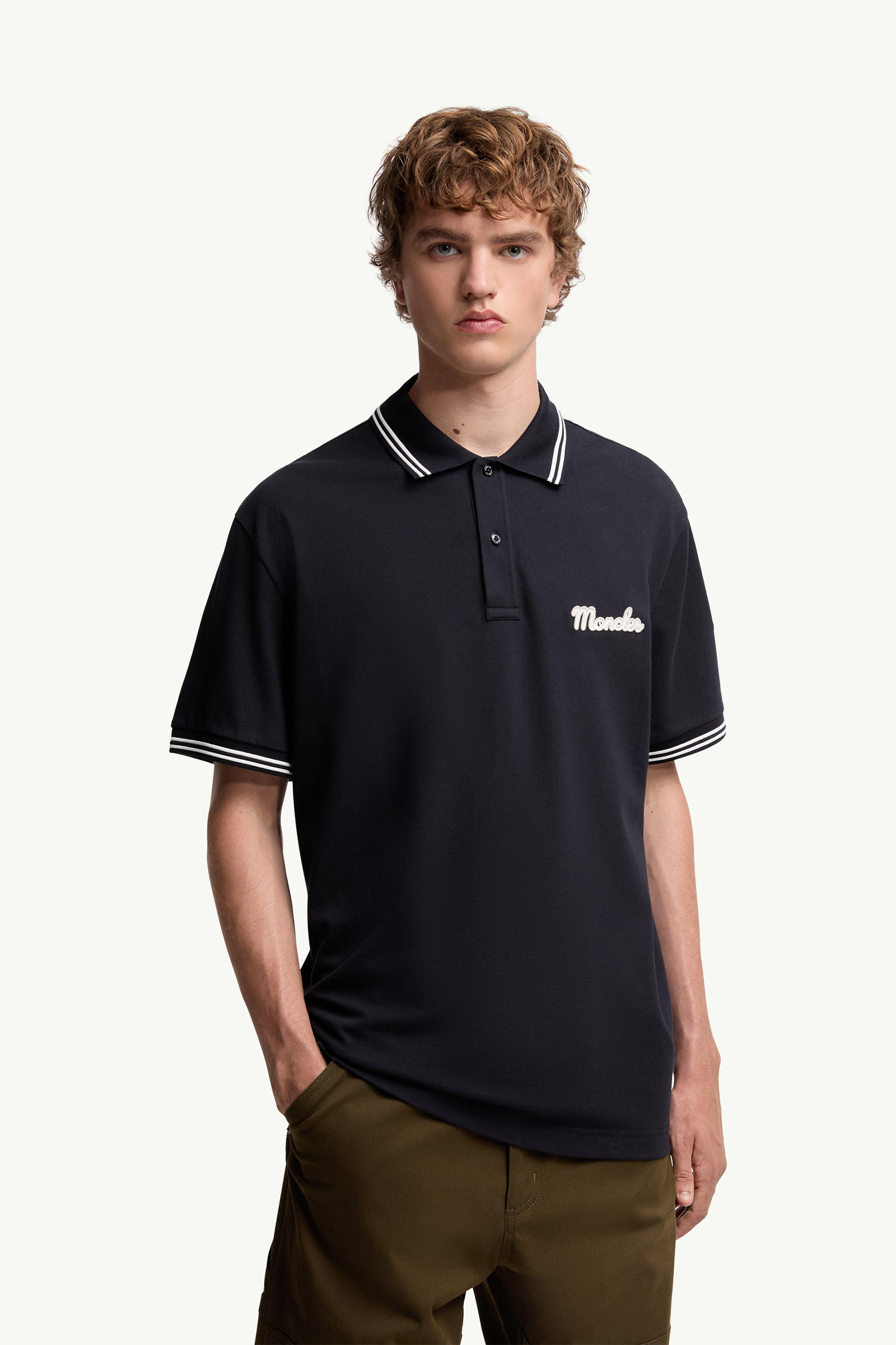 Embroidered Logo Cotton Piquet Polo Shirt Men Blue Moncler 3