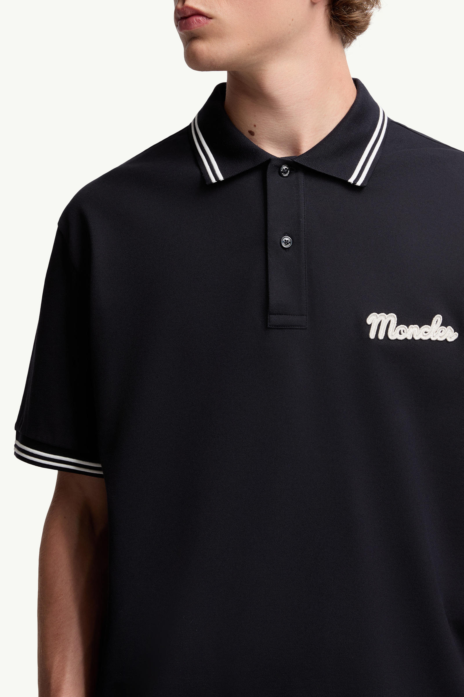 Embroidered Logo Cotton Piquet Polo Shirt Men Blue Moncler 5